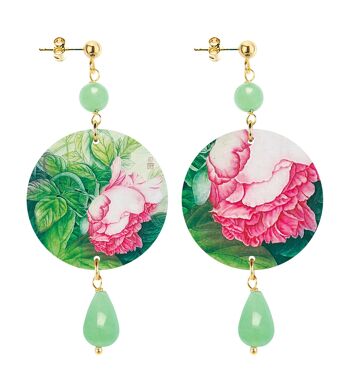 Célébrez le printemps avec des bijoux inspirés des fleurs. Boucles d'Oreilles Femme Cercle Petite Fleur Rose Fond Vert. Fabriqué en Italie