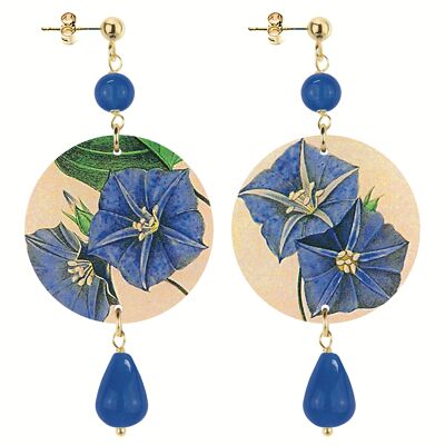 Celebre la primavera con joyas inspiradas en flores. Pendientes Mujer El Circulo Pequeña Flor Azul Fondo Claro. Hecho en Italia