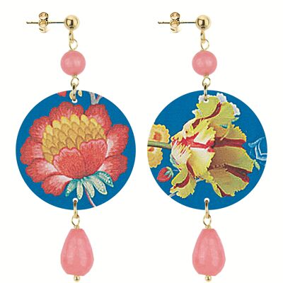 Celebrate spring with flower-inspired jewelry. The Small Circle Women's Earrings Pink and Yellow Flowers Blue Background. Made in Italy