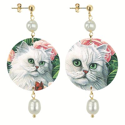 Joyas para los amantes de los animales. Pendientes de mujer The Circle Small White Cat. Hecho en Italia