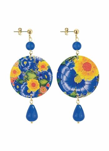 Célébrez le printemps avec des bijoux inspirés des fleurs. Boucles d'Oreilles Femme Petit Cercle Fleurs Jaunes Fond Bleu Fabriqué en Italie