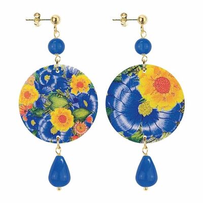 Celebrate spring with flower-inspired jewelry. The Small Circle Women's Earrings Yellow Flowers Blue Background. Made in Italy