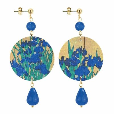 Celebrate spring with flower-inspired jewelry. The Small Circle Women's Earrings Blue Flowers Gold Background. Made in Italy