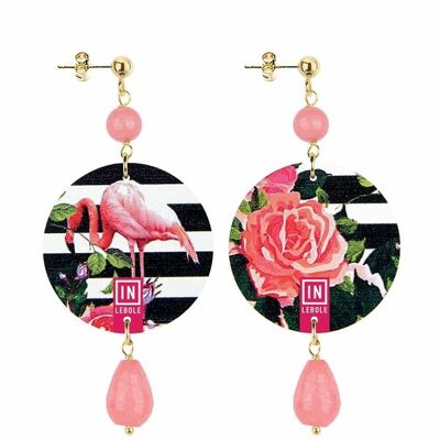 Celebrate spring with nature-inspired jewelry. The Circle Women's Earrings Small Flamingo and Pink Flower Striped Background. Made in Italy