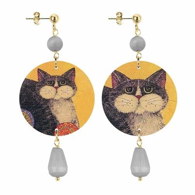 Schmuck für Tierfreunde. Die Kreis-Ohrringe der kleinen grauen Katze der Frauen. Hergestellt in Italien