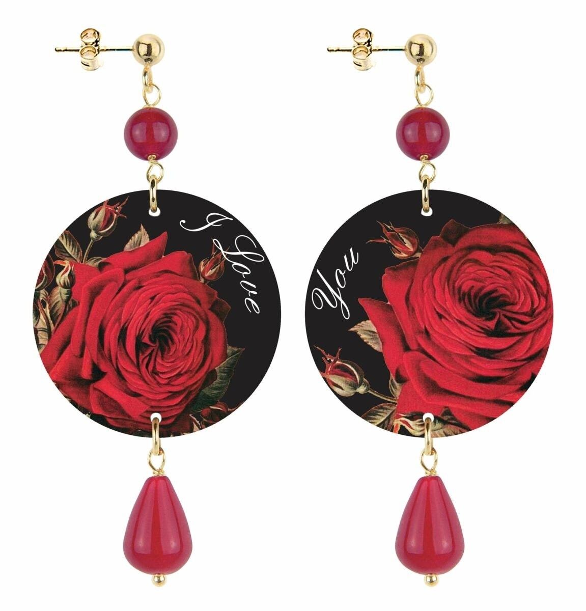 Pendientes de mujer The Circle Small Red Rose I Love You de latón y piedras naturales de rubí Made in Italy