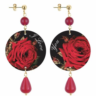 The Circle Small Red Rose I Love You Women's Earrings in Brass and Ruby Natural Stones Made in Italy