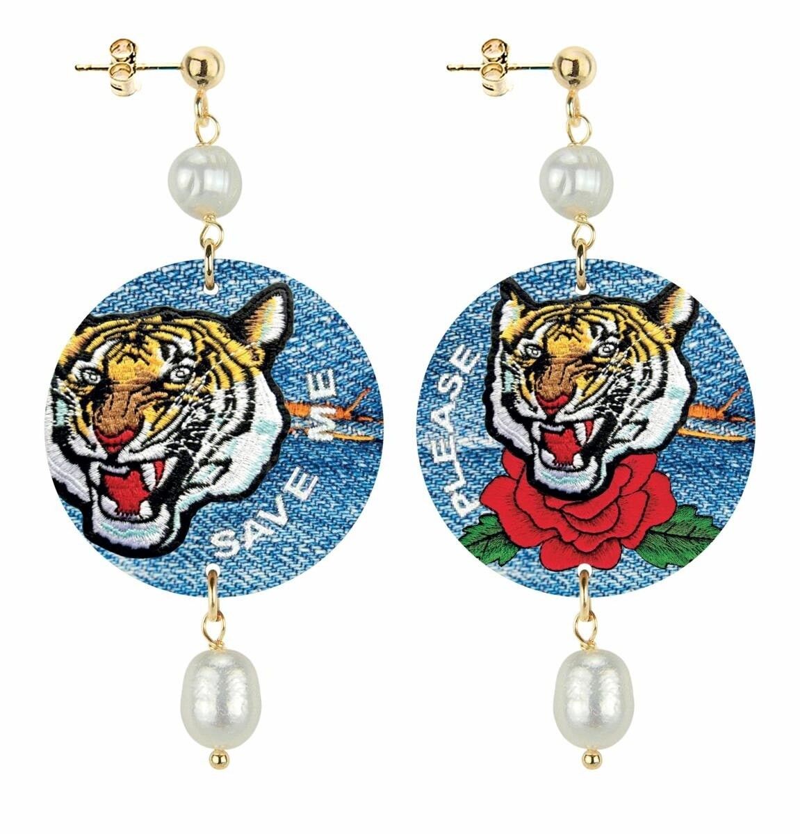 Orecchini Donna The Circle Piccolo Tigre Save me Please in Ottone e Pietre Naturali Perla Made in Italy