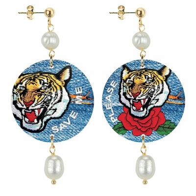 The Circle Small Tiger Women's Earrings Save me Please in Brass and Pearl Natural Stones Made in Italy