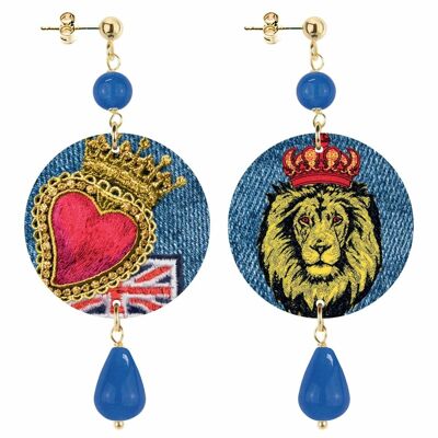The Circle Small Lion and Heart Women's Earrings in Brass and Blue Natural Stones Made in Italy
