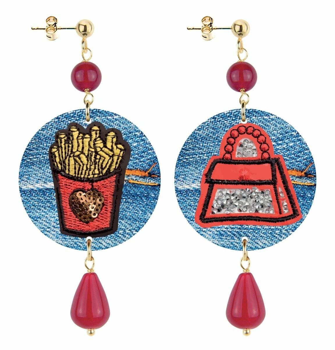 The Circle Small Bag and Chips Women's Earrings in Brass and Ruby Natural Stones Made in Italy