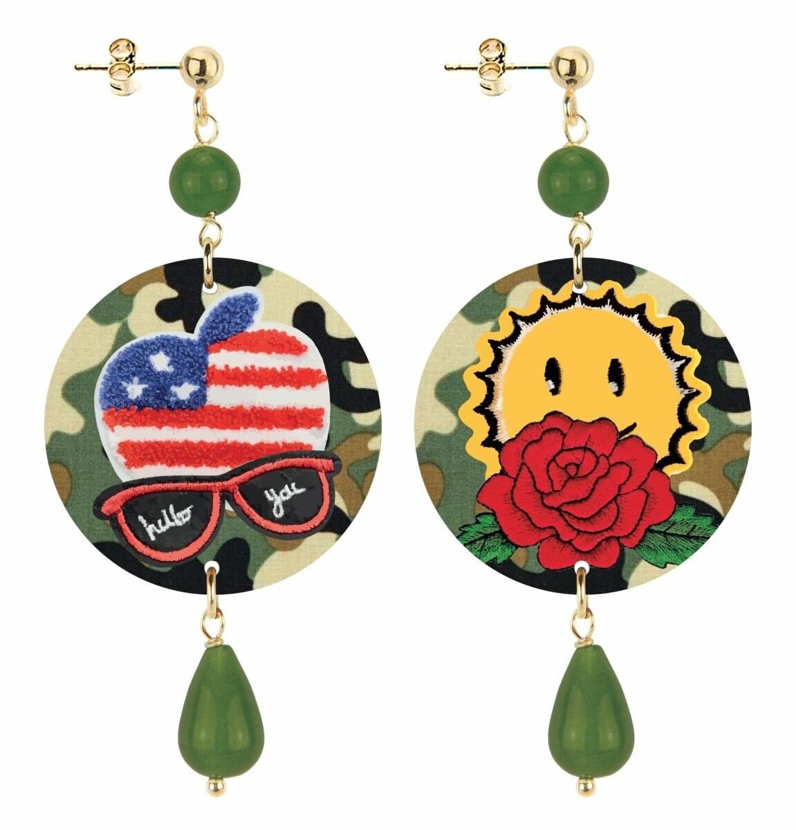 Damenohrringe The Circle Small Apple and Glasses aus Messing und olivgrünen Natursteinen Made in Italy