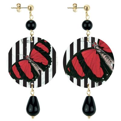 Celebrate spring with nature-inspired jewelry. Women's Earrings The Circle Small Red Butterfly Striped Background. Made in Italy