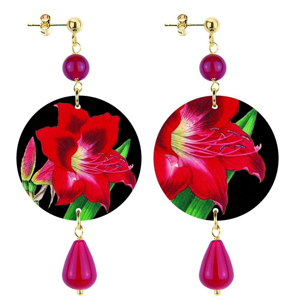 Celebre la primavera con joyas inspiradas en flores. Pendientes de Mujer The Circle Pequeña Flor Roja Fondo Negro.Hecho en Italia