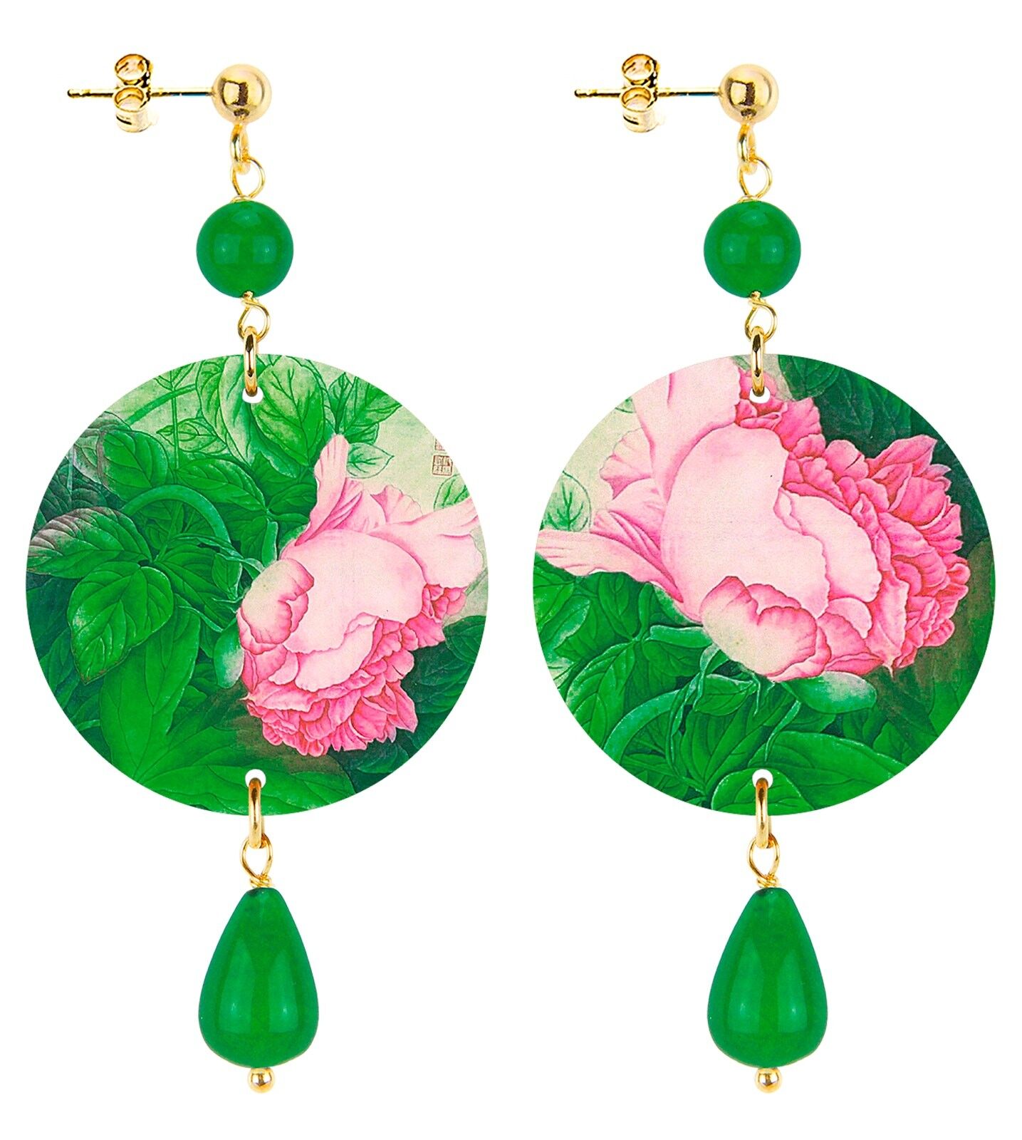 Celebra la primavera con gioielli ispirati ai fiori. Orecchini Donna The Circle Piccolo Fiore Rosa Fondo Verde. Made in Italy