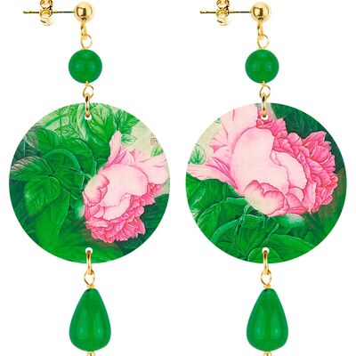Célébrez le printemps avec des bijoux inspirés des fleurs. Boucles d'Oreilles Femme Le Cercle Petite Fleur Rose Fond Vert. Fabriqué en Italie