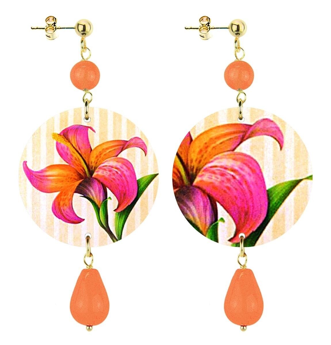 Celebra la primavera con gioielli ispirati ai fiori. Orecchini Donna The Circle Piccolo Fiore Arancione Fondo Righe. Made in Italy