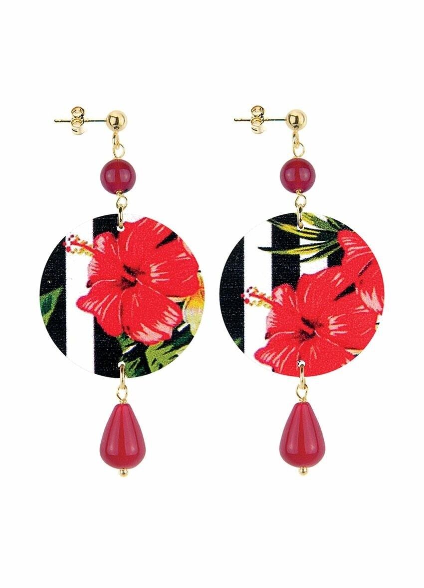 Celebre la primavera con joyas inspiradas en flores. Pendientes Mujer El Círculo Pequeña Flor Roja Fondo Líneas. Hecho en Italia