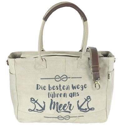 Sunsa Damen große Handtasche. XXL Tasche aus Canvas & Leder. Nachhaltige Strandtasche/Weekender in Maritim Motiv.