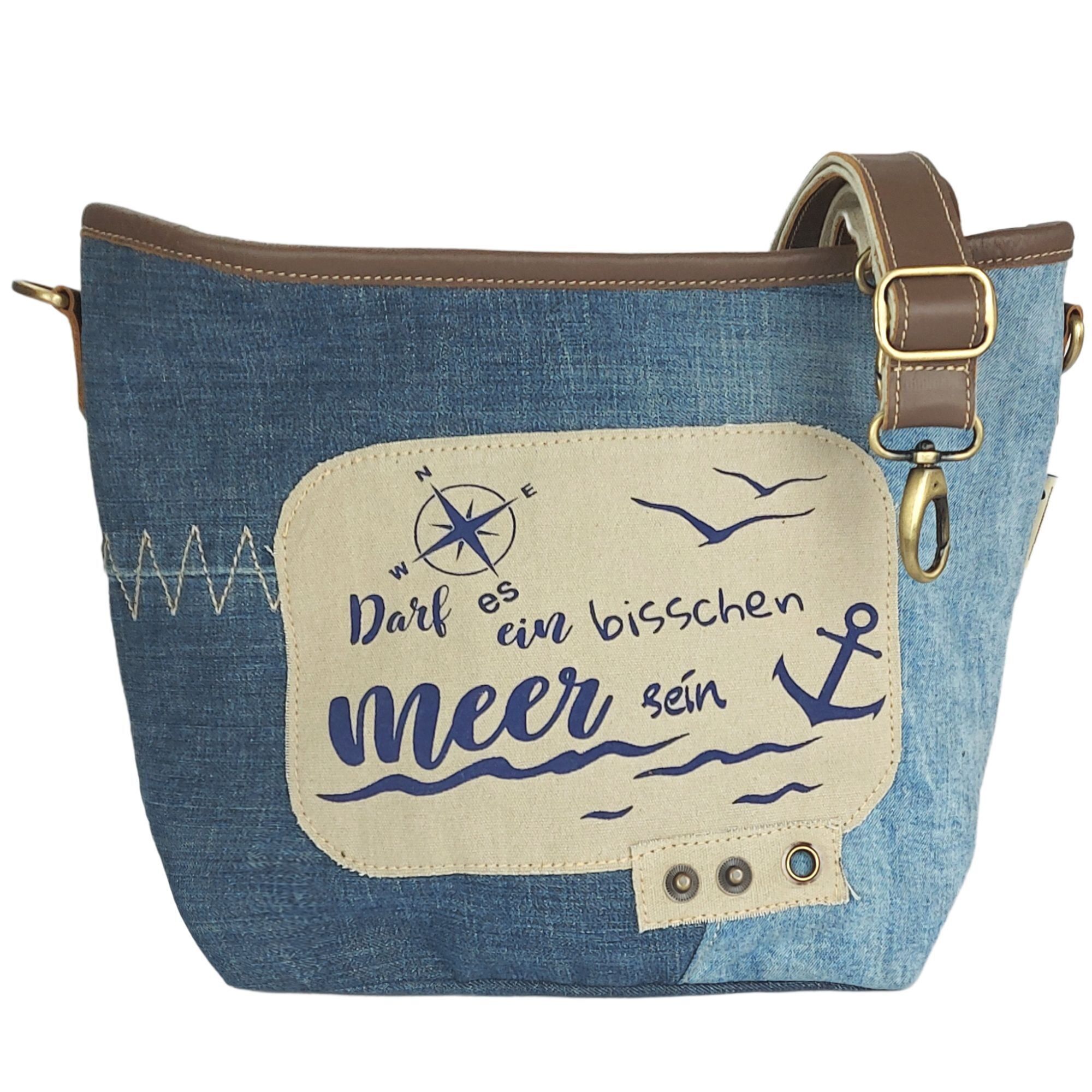 Borsa a tracolla da donna Sunsa. piccola borsa in tela con jeans riciclati e pelle. Borsa a tracolla dal design marittimo per gli amanti del mare. Borsa da donna sostenibile