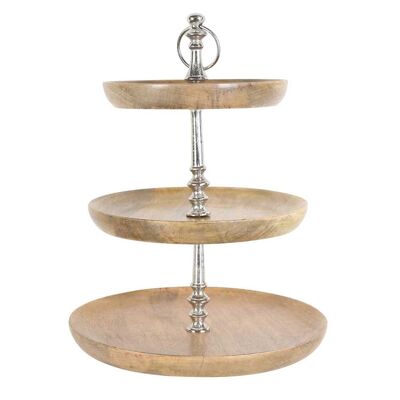Wooden tiered serving stand with 3 shelves & carrying ring