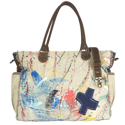 Sunsa women's handbag. XXL bag made of canvas/canvas & leather. Large beach bag/weekender with zip. Vintage Artistic Shoulder Bag