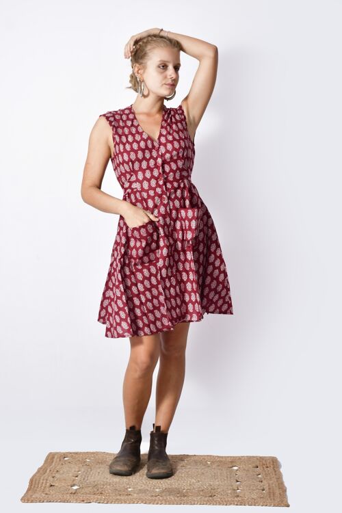 Organic Cider V Neck Block Printed Dress with Bow Back Red-Bohemian Buttoned Dress