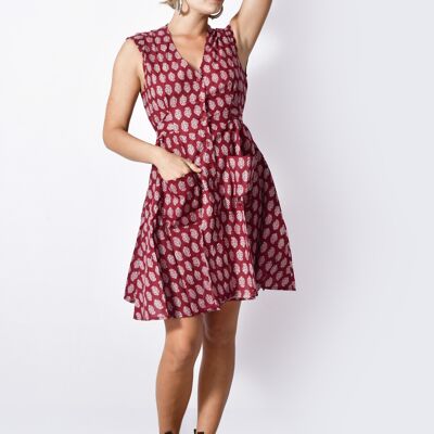 Organic Cider V Neck Block Printed Dress with Bow Back Red-Bohemian Buttoned Dress
