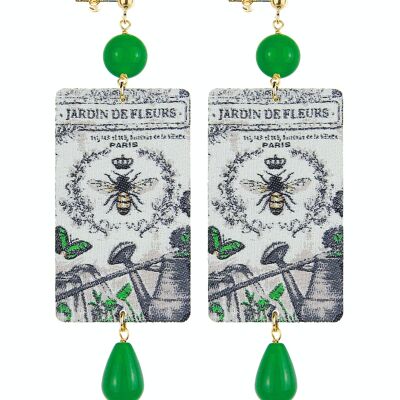 Women's Earrings in Brass Green Natural Stones The Tag Bee and Watering Can Made in Italy