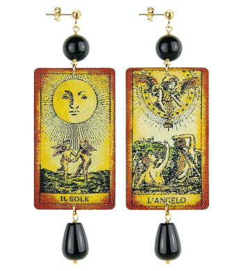 Boucles d'Oreilles Femme en Laiton Pierres Naturelles Noir The Tag Tarot Soleil et Ange Made in Italy