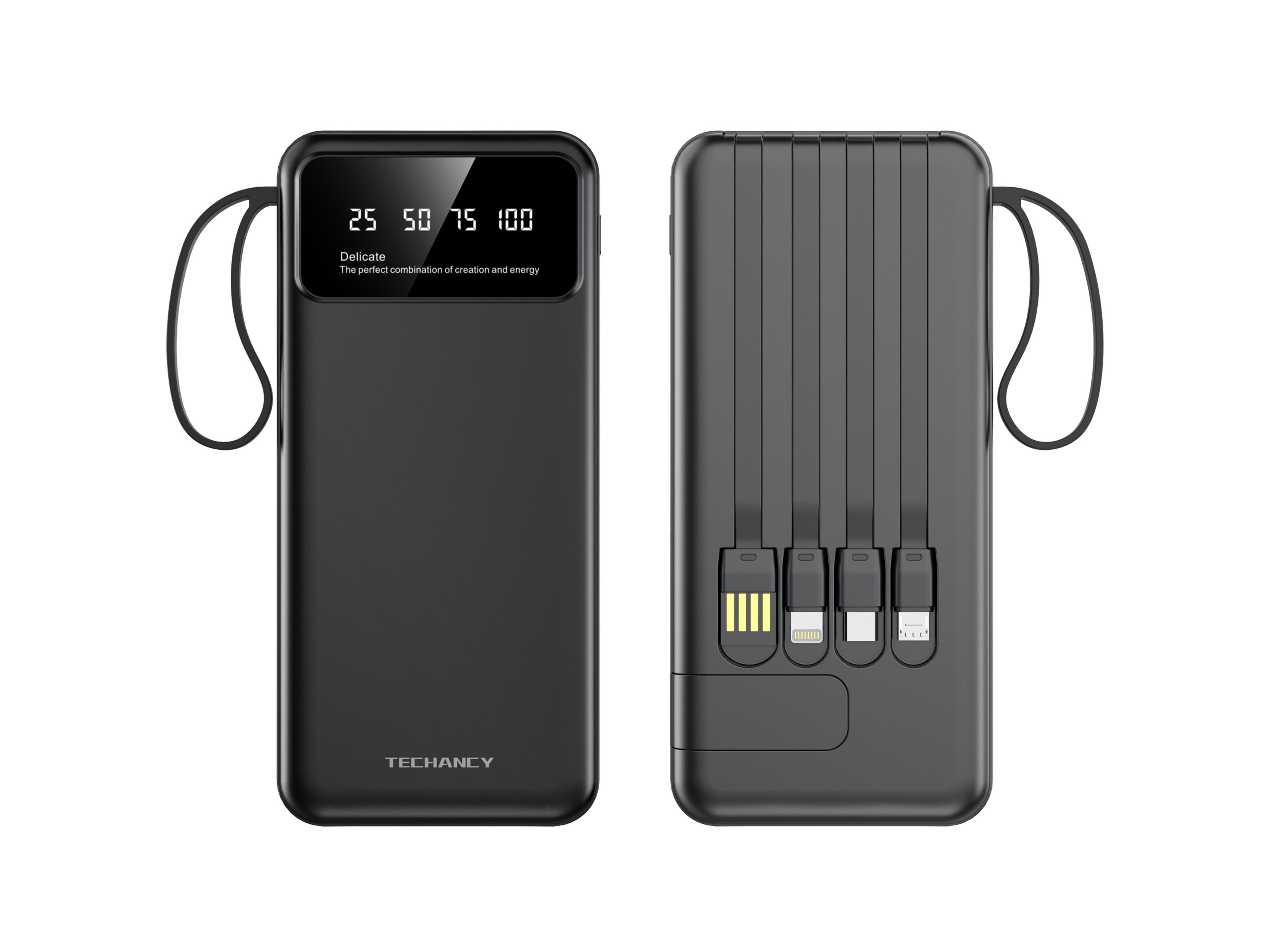 TECHANCY Power Bank mit integrierten Kabeln 10000 mAh (Schwarz)