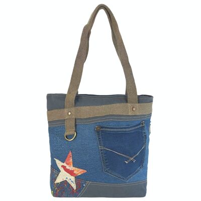 Sunsa women's handbag. Sustainable shoppers in vintage retro style. Shoulder bag made from recycled jeans. Large vegan bag
