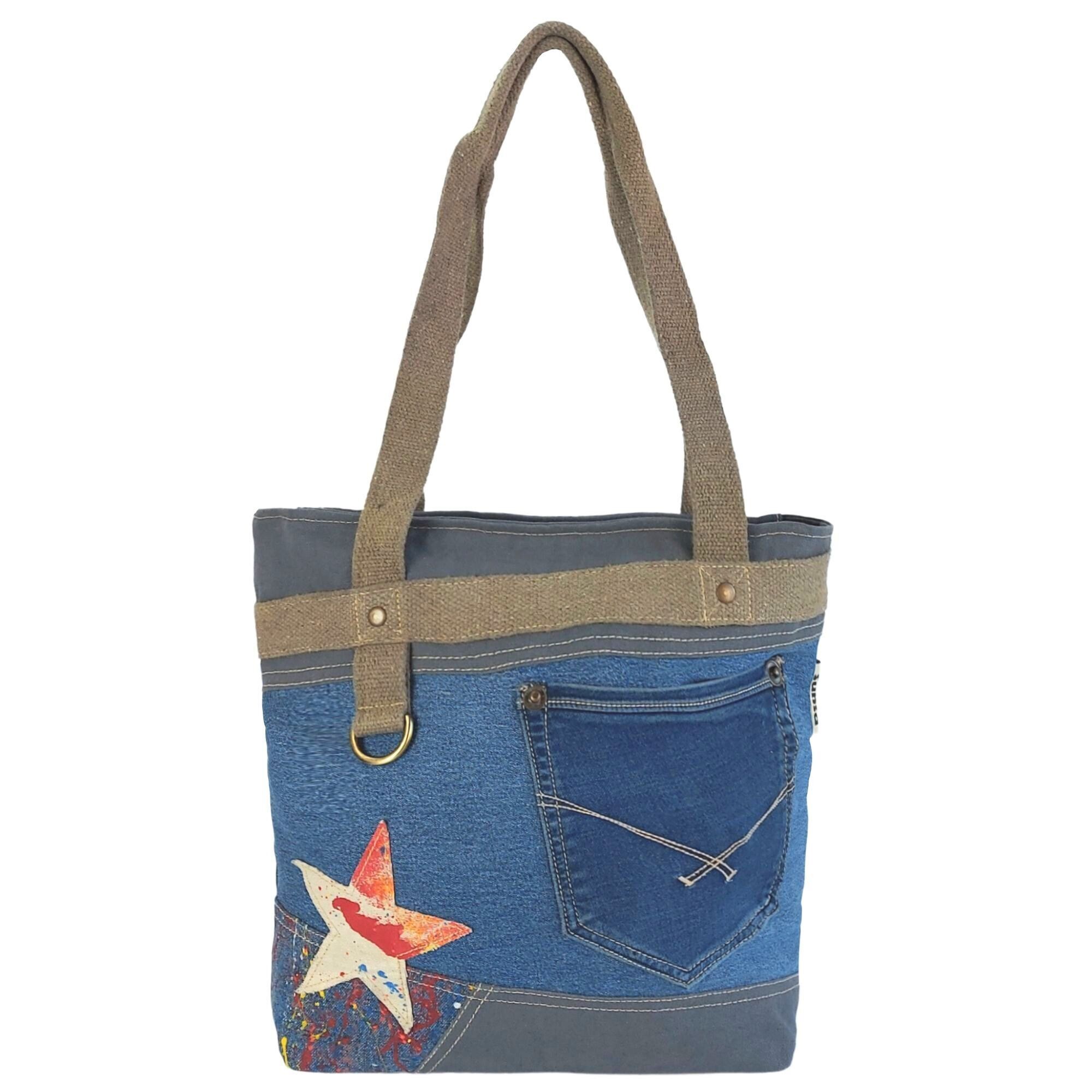 Borsa da donna Sunsa. Acquirenti sostenibili in stile retrò vintage. Borsa a tracolla realizzata con jeans riciclati. Grande borsa vegana