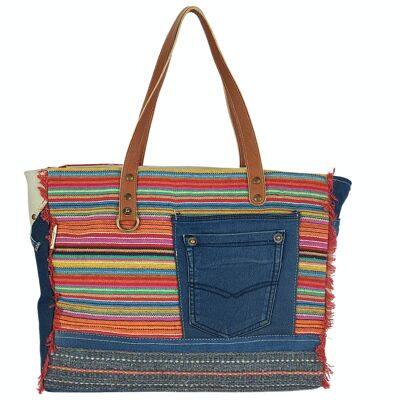 Sunsa women's handbag. Sustainable XXL shoulder bag made from recycled jeans cotton & leather. Weekender/sports bag in vintage retro style. Big shoppers