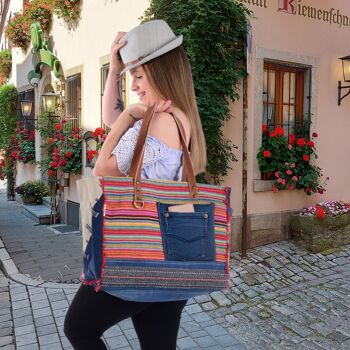 Sac à main femme Sunsa. Sac à bandoulière XXL durable en coton et cuir de jeans recyclés. Sac de week-end/sport de style rétro vintage. Gros acheteurs 3