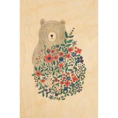 Postal de madera - oso de gramo pequeño y flores