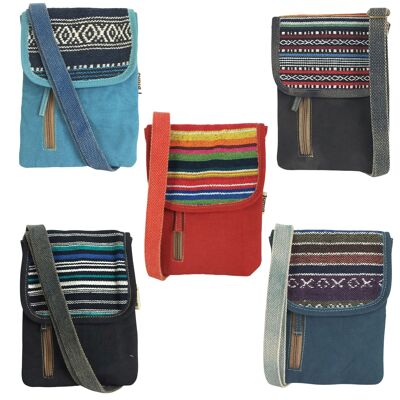 Sunsa women's shoulder bag. Crossover mobile phone case made of canvas/canvas & striped cotton. Small messenger bag with several compartments...