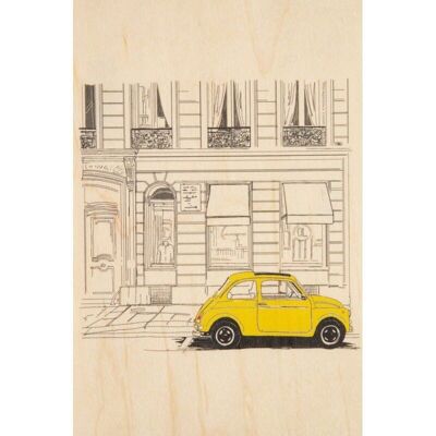 hölzerne postkarte - gelbes auto der ikonen von paris