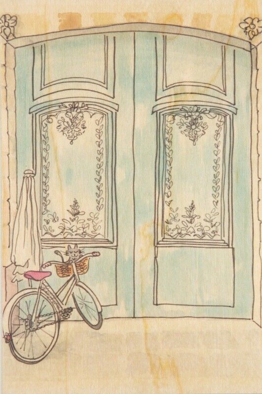 Postal de madera - bicicleta de exhibición parisina