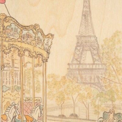 Postkarte aus Holz - Pariser zeigt Eiffelturm