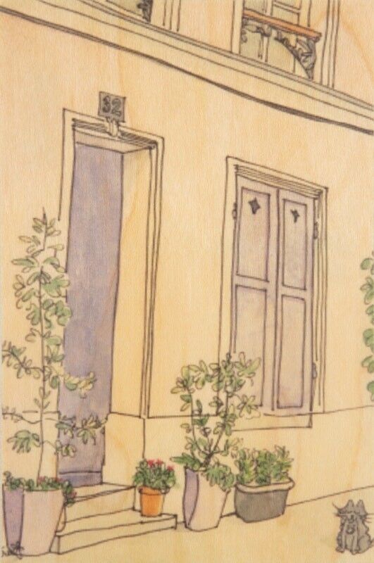 Postal de madera - pantallas parisinas moradas