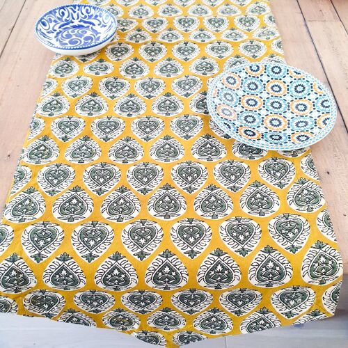 Bagru block-printed table runner, yellow paisley