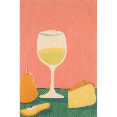 postal de madera - naturaleza muerta vino y queso