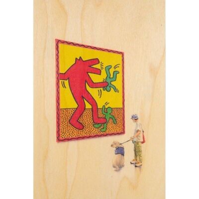 Wooden postcard - people at museum Haring