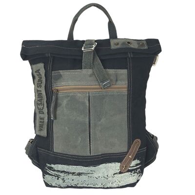 Sunsa black backpack. Vintage retro city backpack. Canvas roll top backpack. Vegan leisure backpack for him/her