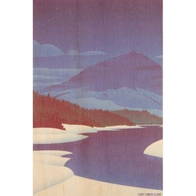 Hölzerne Postkarte - Landschaftsfluss im Schnee