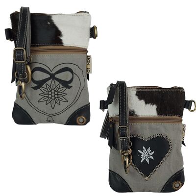 New Domelo Dirndl shoulder bag - Oktoberfest traditional bag. Bag with edelweiss & heart design - traditional small crossbody bag made of canvas & cowhide.