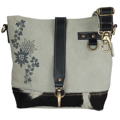 Domelo women's traditional bag. Shoulder bag with edelweiss & hop branch print. Gray crossover bag in traditional vintage retro style. Shoulder bag or crossbody bag made of canvas & leather ...