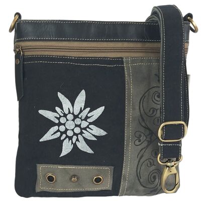 Domelo women's traditional bag. Shoulder bag with Edelweiß print. Black crossover bag in traditional vintage retro style. Shoulder bag / crossbody bag made of canvas & leather