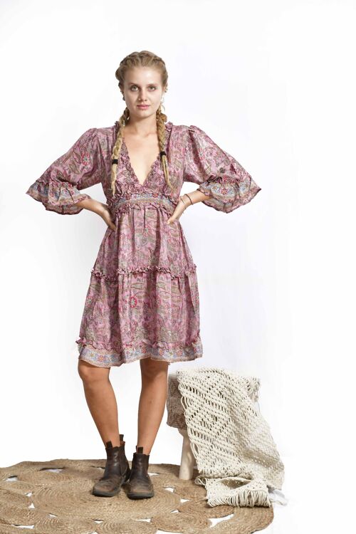 Short printed bohemian dress, eco-friendly boho dress with frilled bell sleeves.